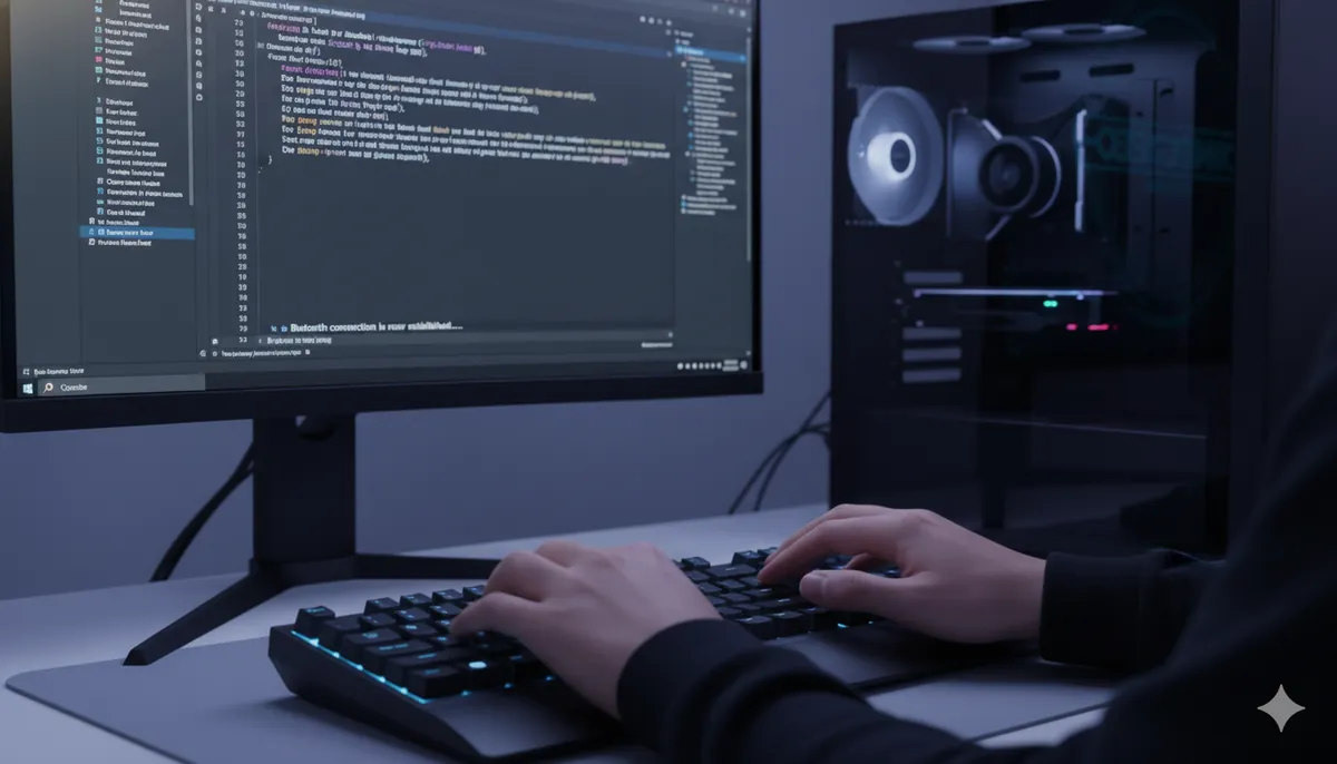 A person typing on a wireless keyboard and the text appearing in a text editor on the PC screen.