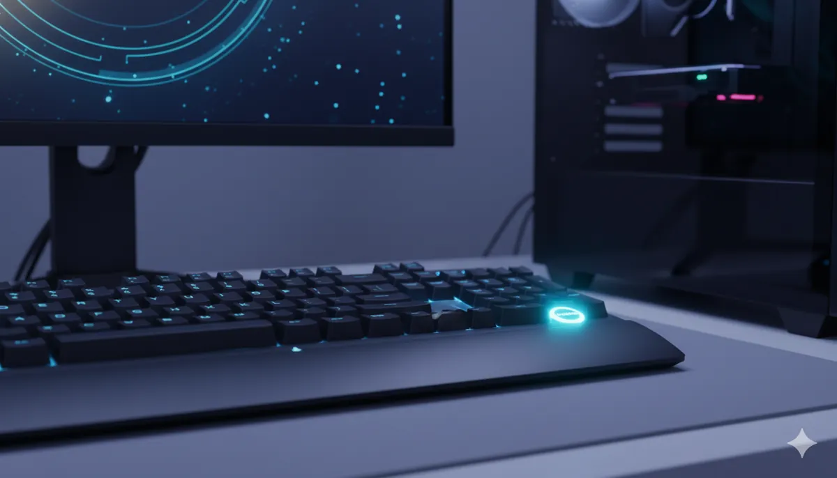 Wireless keyboard with pairing button highlighted and LED light flashing.